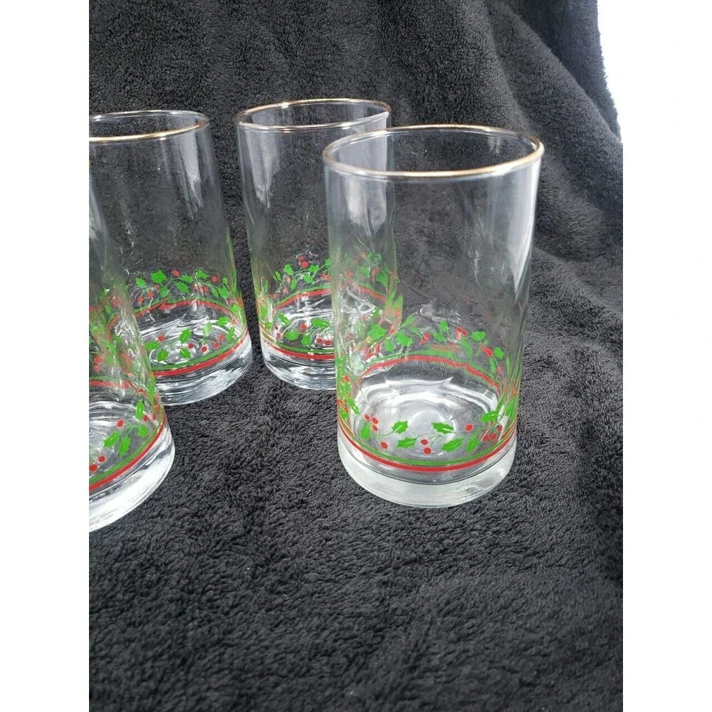 Arby's Holly Berry Tumbler Glasses VTG Christmas 1984 Heavy Weight Base Gold Rim